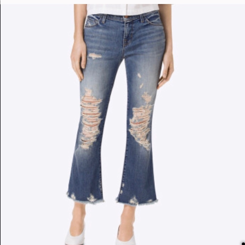 J Brand light wash, distressed, crop flare jeans